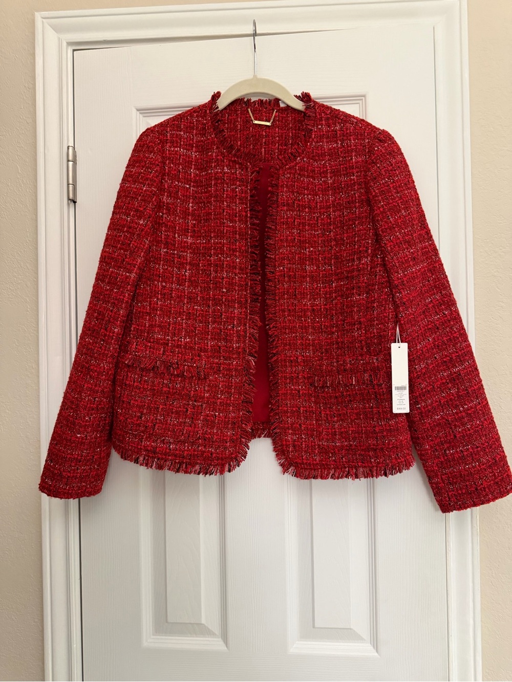 NWT Chico's Red Tweed Fringe Open-Front Jacket. Size 0.5 (same as 6)